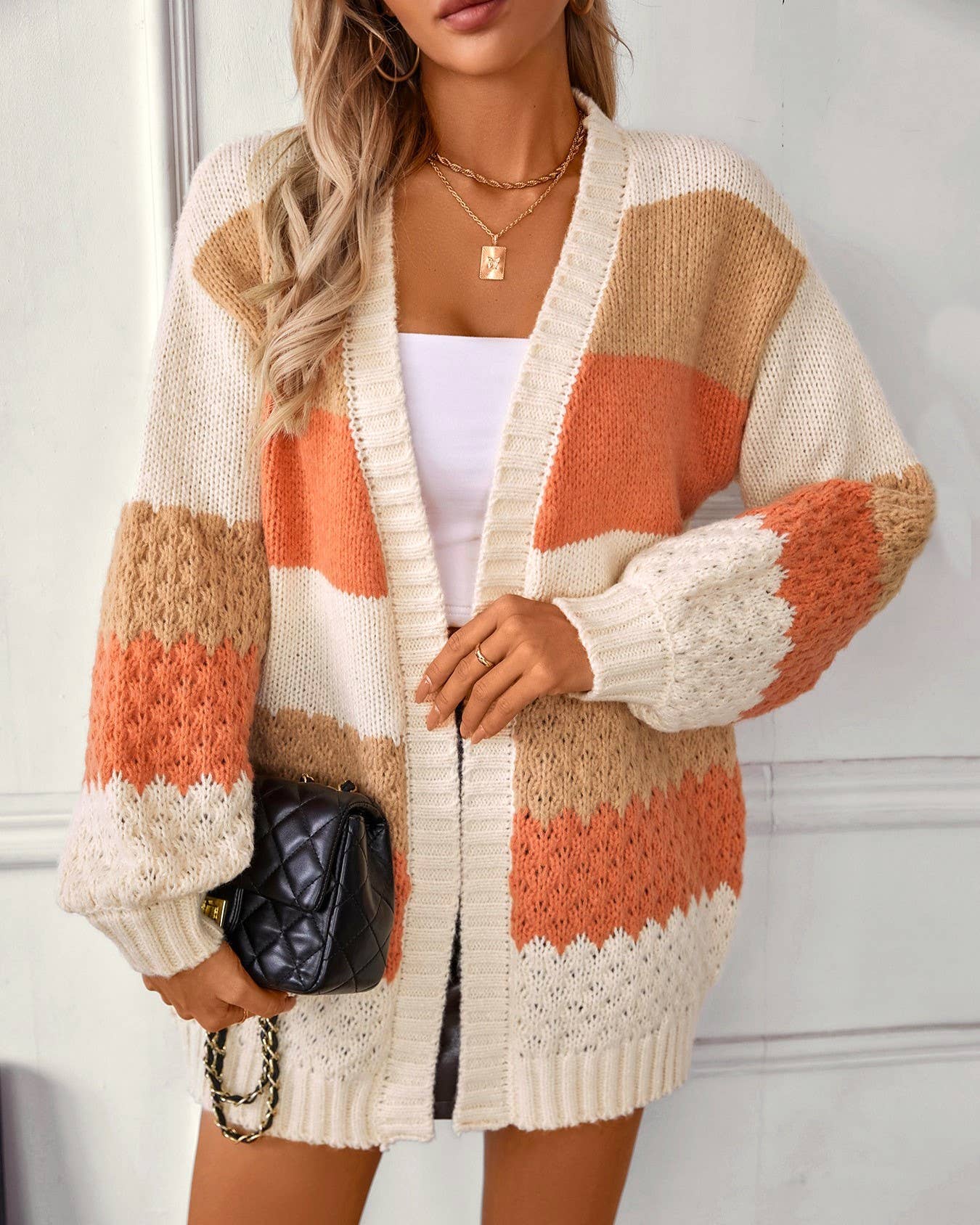 Contrast Color Striped Balloon Sleeve Cardigan