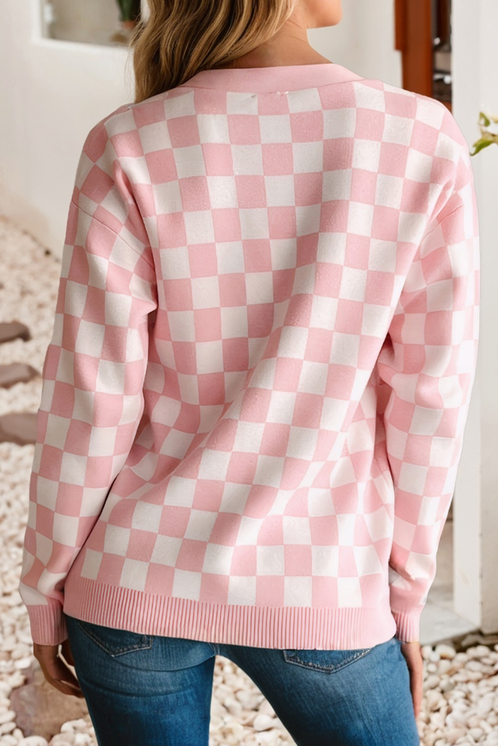 LDC Checkered Christmas Tree Pattern Button Sweater Cardigan