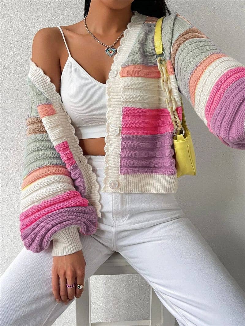 Rainbow Striped Balloon Sleeve Cardigan