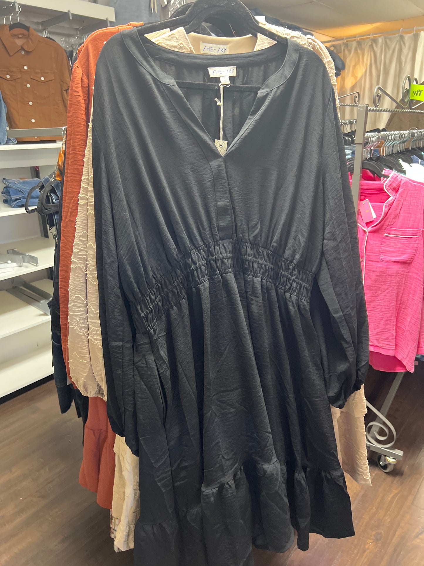 PSY7647 PLUS - LONG SLEEVE ELASTIC WAIST WOVEN DRESS WITH SIDE POCKETS