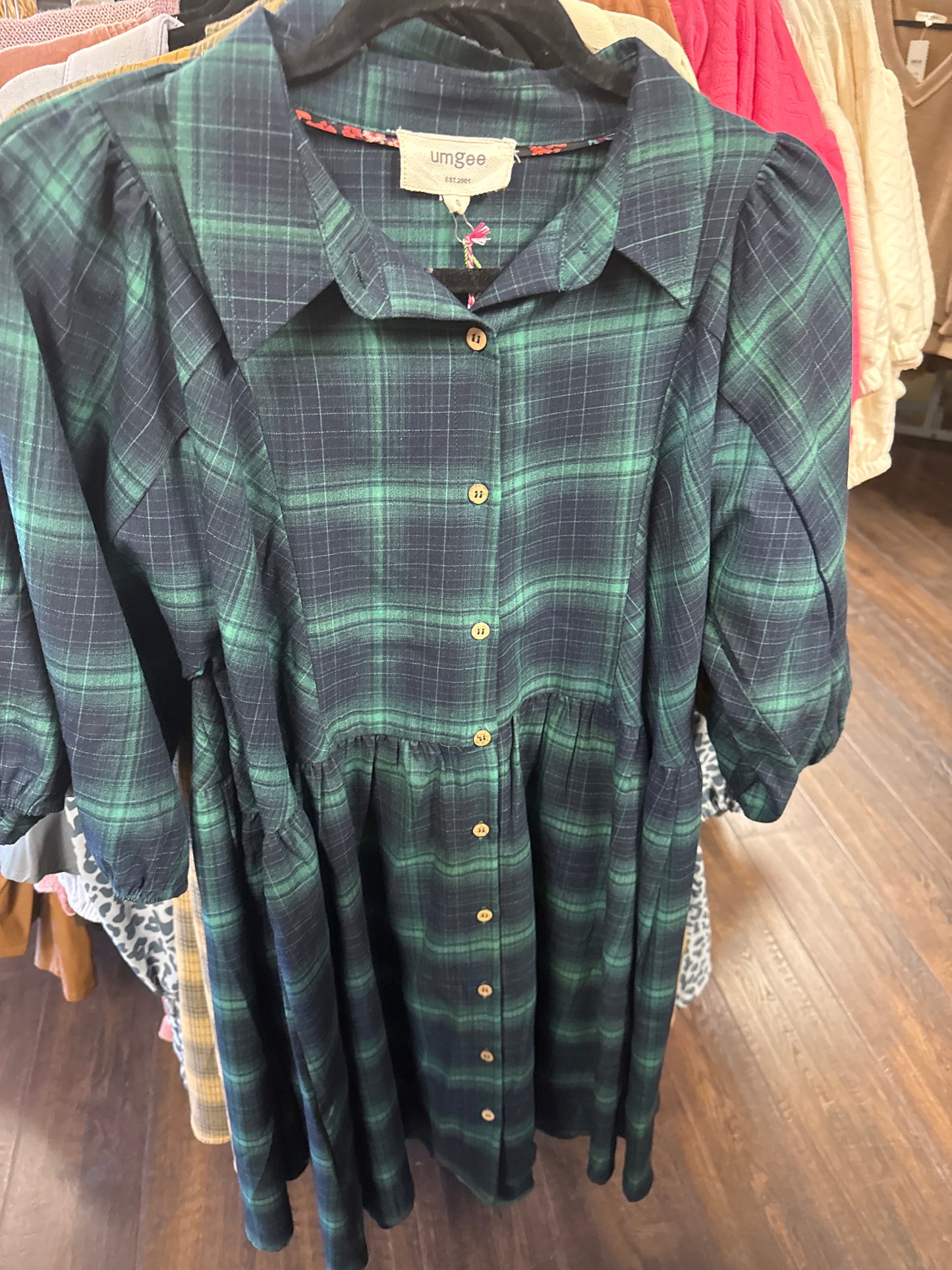 UMGEE K8971 PLAID BUTTON DOWN PUFF SLEEVE DRESS