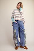 EASEL EB58218 WASHED DENIM JACQUARD PRINT MIX WASHED TWILL PANTS