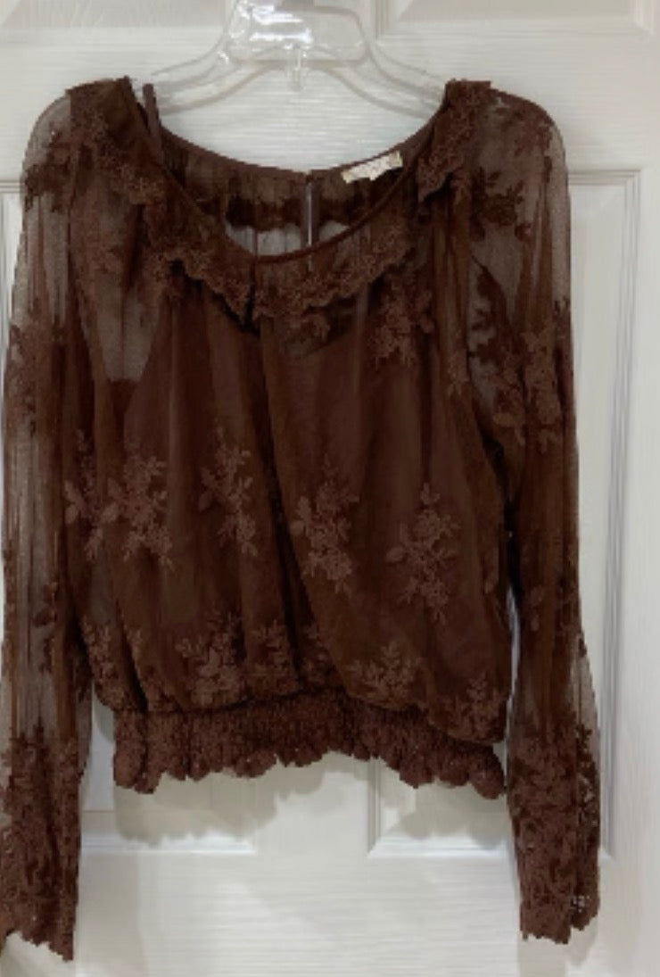 EASEL ST200021 BROWN All Over Lace L/S Blouse