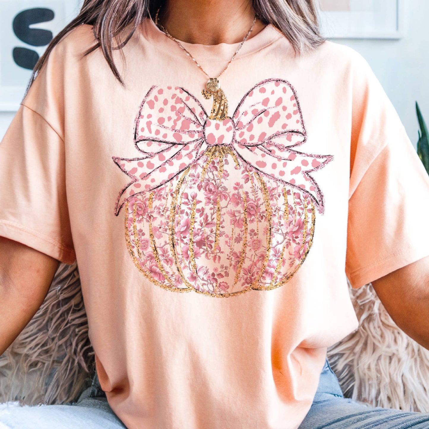Fall Pumpkin Pink Bow Floral Country Store Retro Graphic Tee