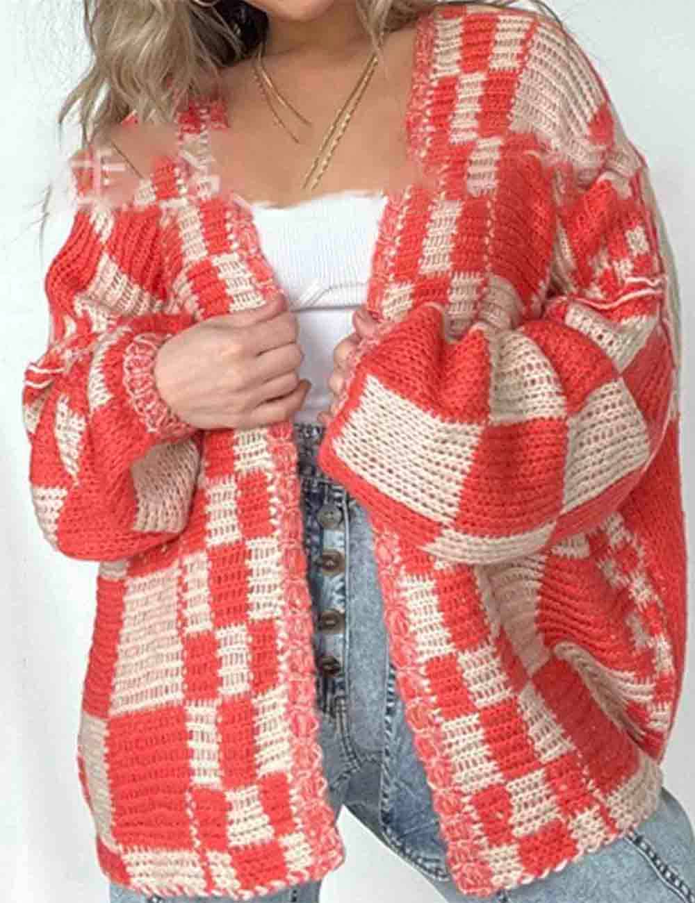 Ladies Color Block Checked Long Sleeves Sweater Cardigan