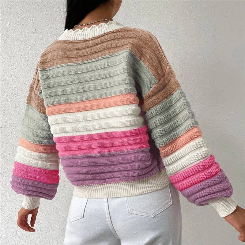 Rainbow Striped Balloon Sleeve Cardigan