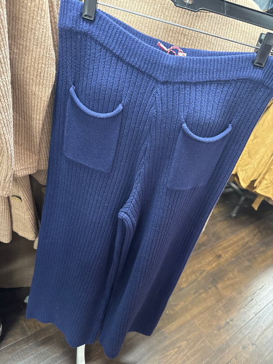 UMGEE S5023-P RIBBED KNIT WIDE LEG PANTS WITH POCKET - NAVY