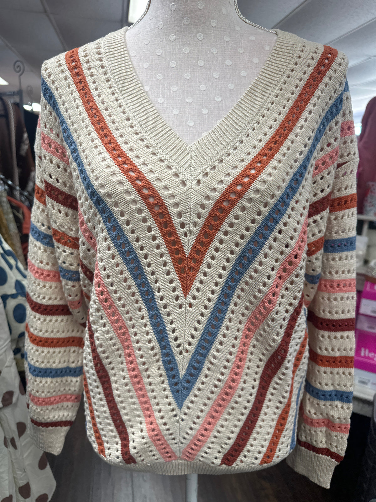 Vine and Love Multi VNeck Striped Hallow Out Casual Knitted Sweater VT82916