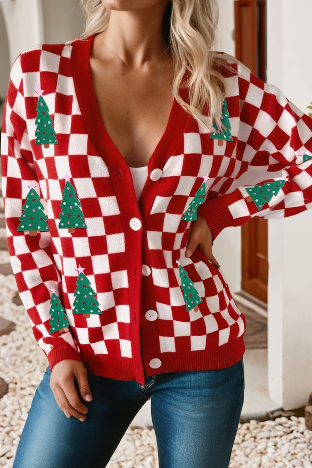 LDC Checkered Christmas Tree Pattern Button Sweater Cardigan