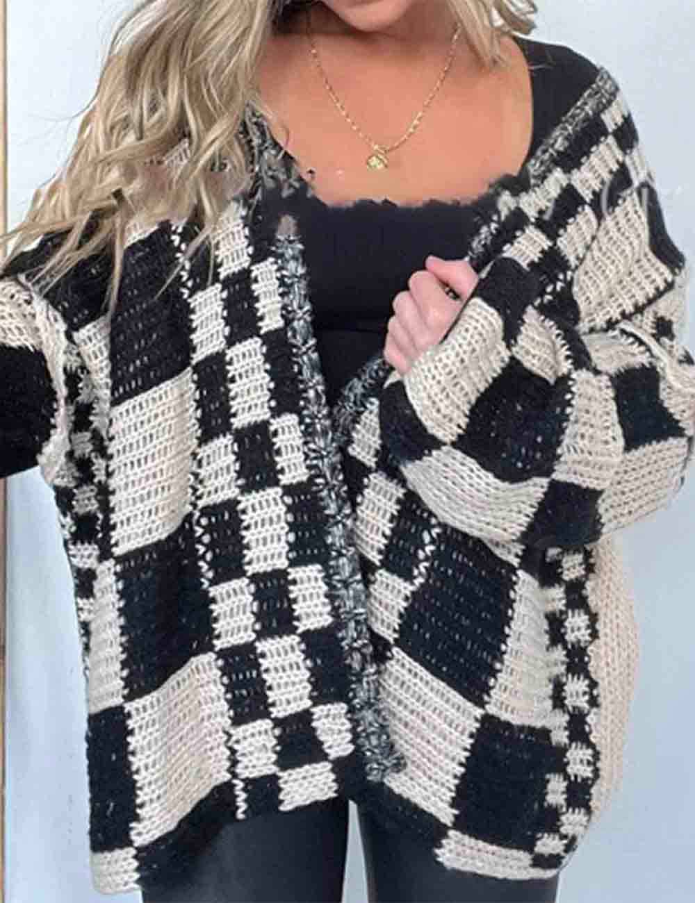 Ladies Color Block Checked Long Sleeves Sweater Cardigan