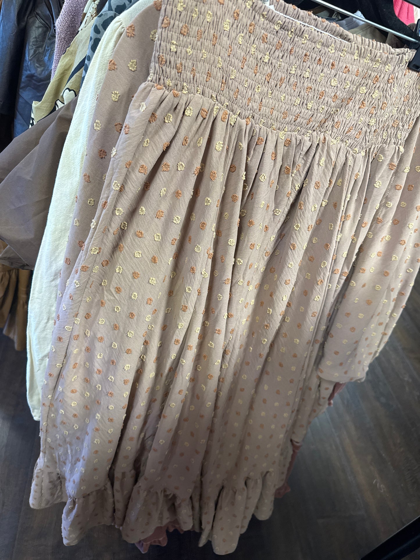 EASEL-EB56219-POMPOM POLY CREPE RUFFLE BOTTOM SKIRT-LATTE