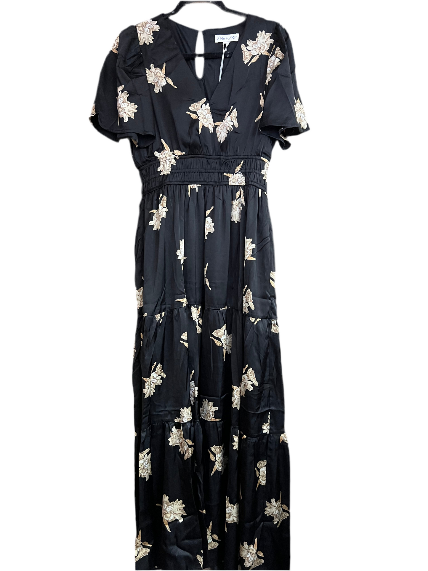 SHE+SKY SY9726 Two color way stories, Black or Mocha floral mid lenght. SILKY fabric