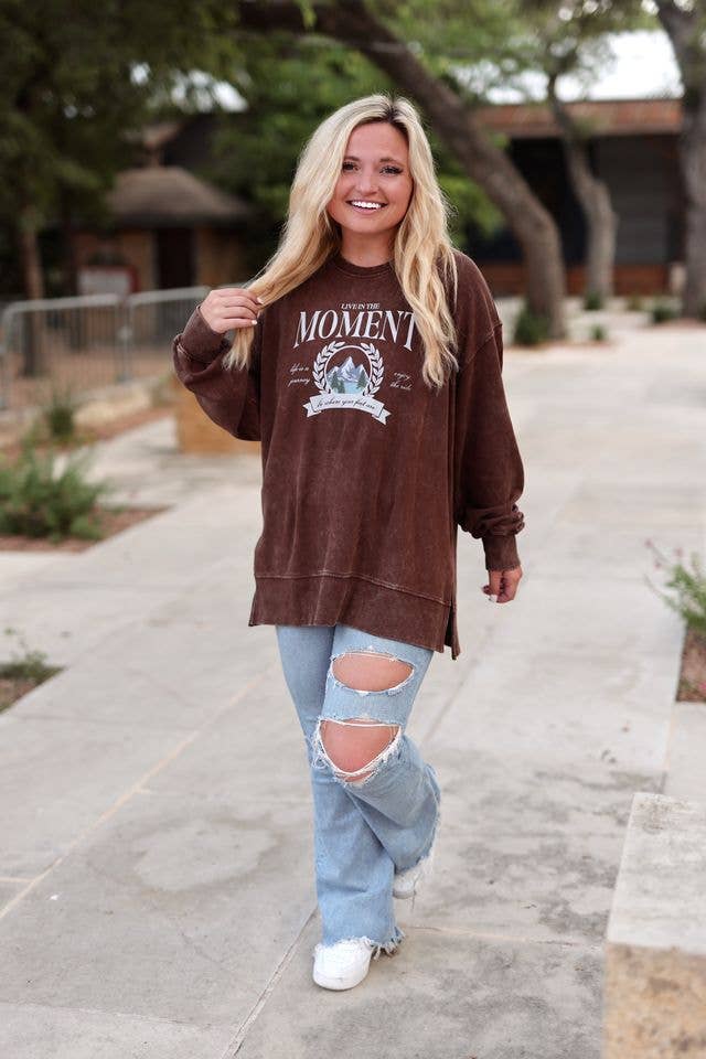Mineral Wash Pullover- Live in the Moment (Espresso)