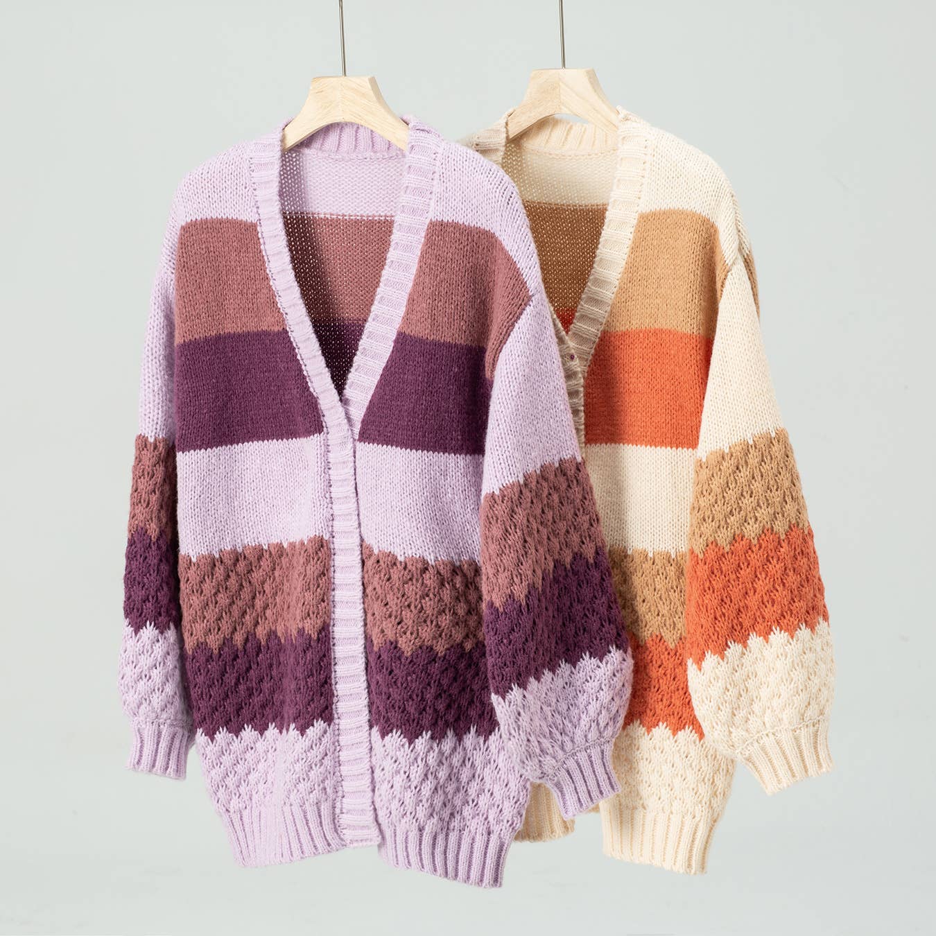 Contrast Color Striped Balloon Sleeve Cardigan