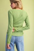 Easel ST100308 GRASS GREEN LONGSLEEVE LACE V-NECK TEXTURED RIBBED SHIRT