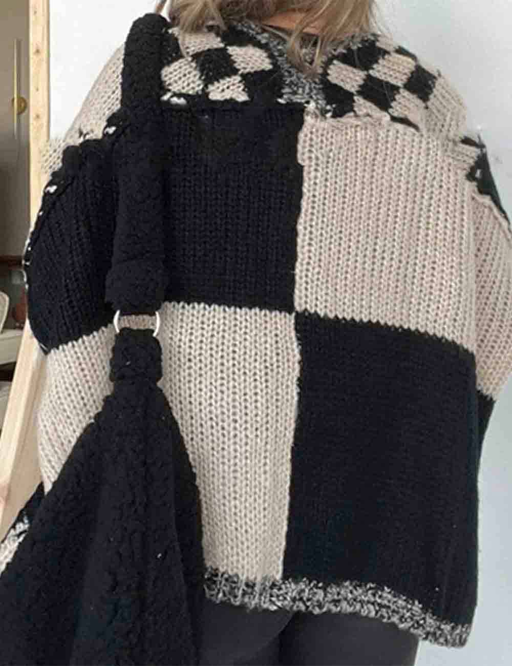 Ladies Color Block Checked Long Sleeves Sweater Cardigan