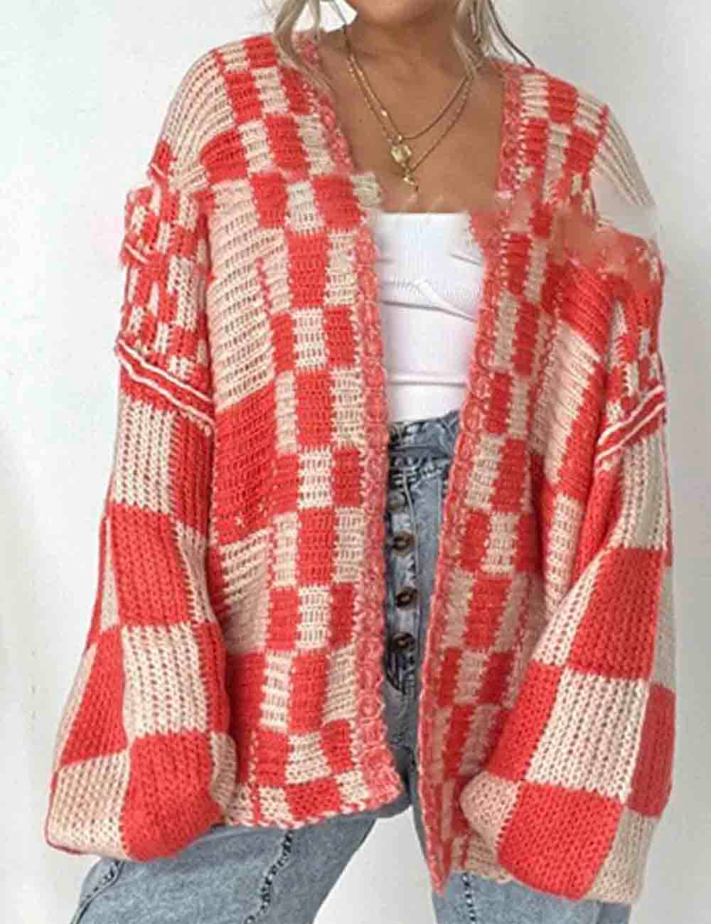 Ladies Color Block Checked Long Sleeves Sweater Cardigan