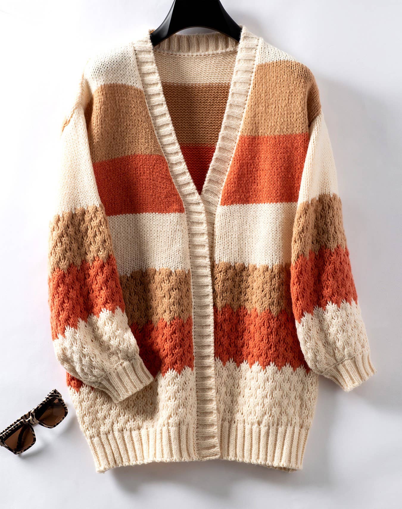 Contrast Color Striped Balloon Sleeve Cardigan