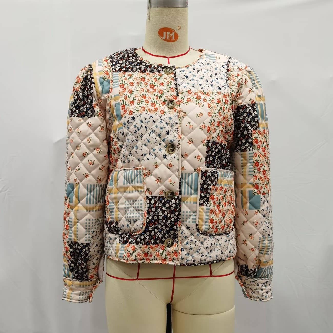 Floral Color Blocks Print Quilted Jacket