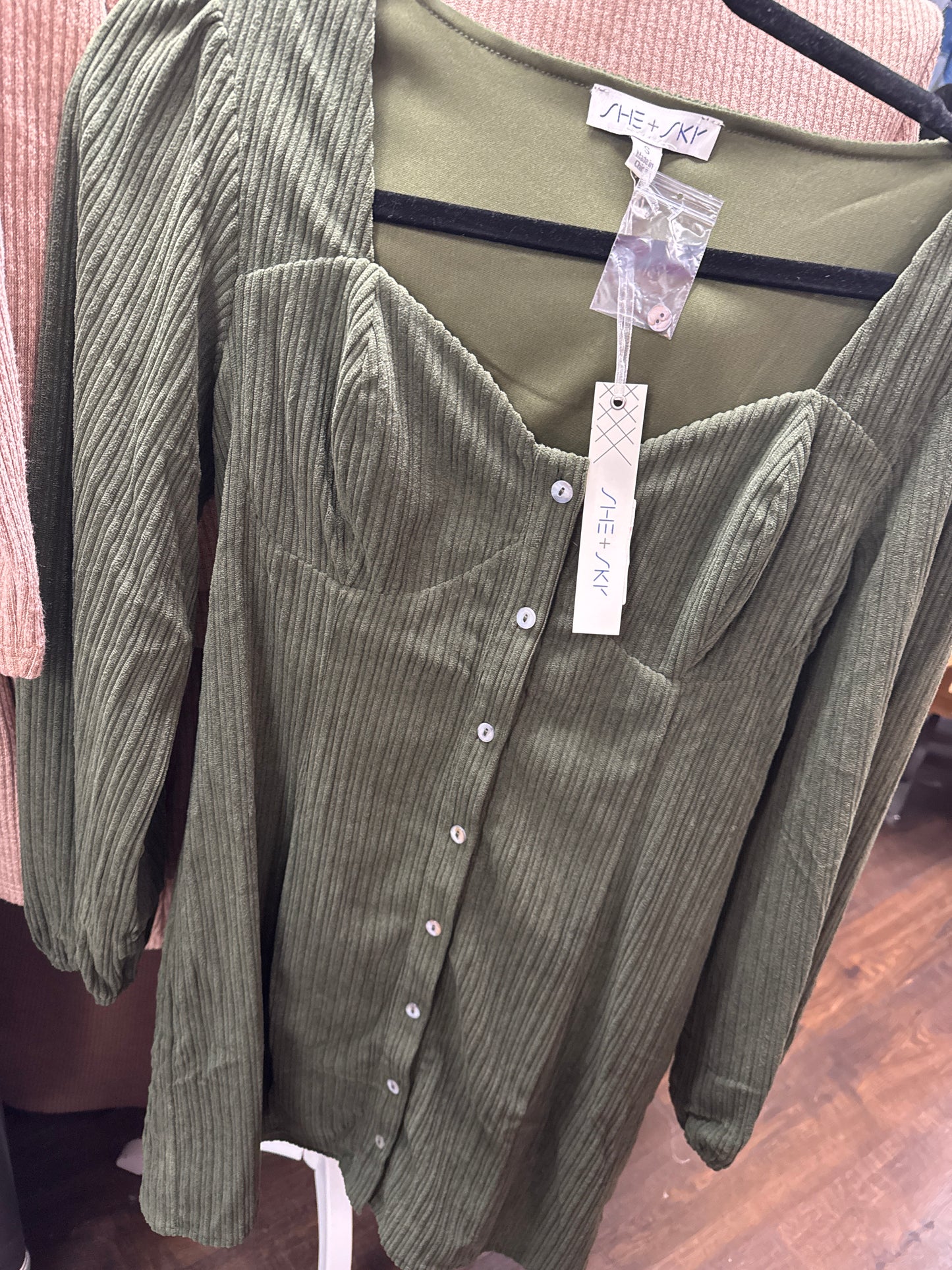 SHE SKY SY5776 OLIVE LS CORD MINI DRESS