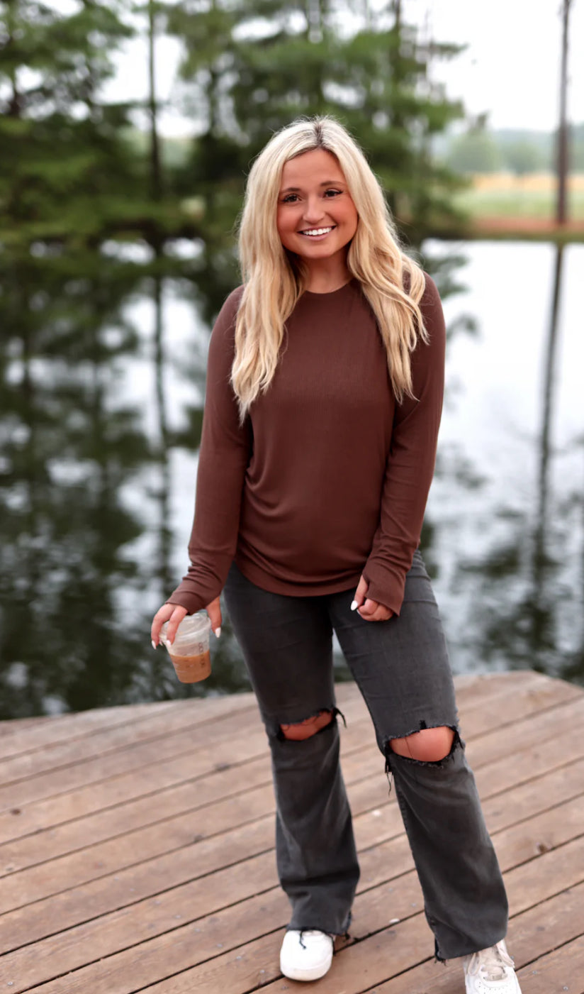 JLB-NEVER BETTER RIBBED LIGHT WEIGHT LS TEE-ESPRESSO