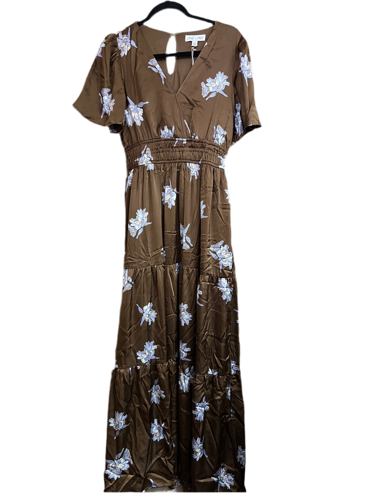 SHE+SKY SY9726 Two color way stories, Black or Mocha floral mid lenght. SILKY fabric