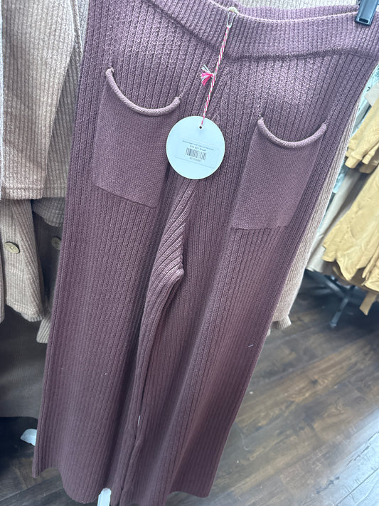 UMGEE S5023-P RIBBED KNIT WIDE LEG PANTS WITH POCKET - CHOCOLATE