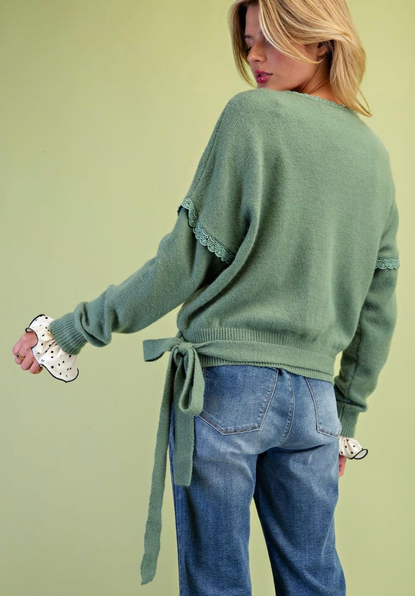 Easel ST200007 SAGE GREEN WRAP KNITTED SURPLICE SWEATER