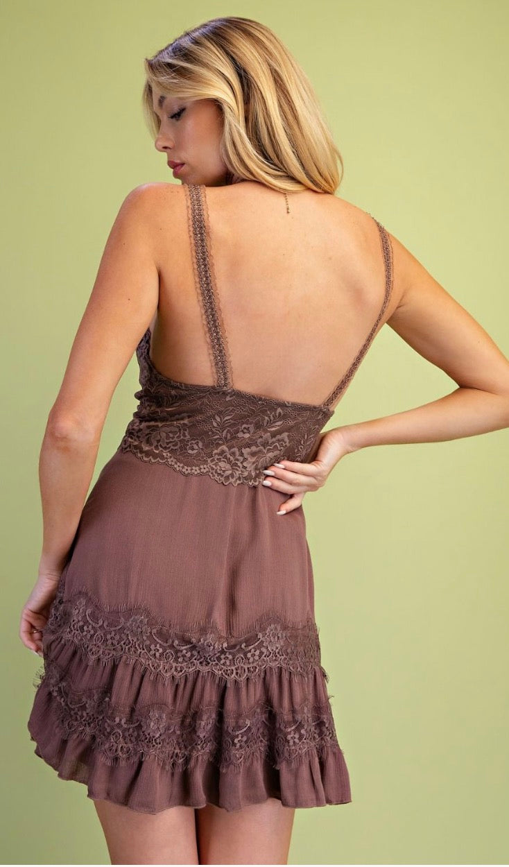 Easel SD500008 MOCHA LACE GAUZE CAMI DRESS