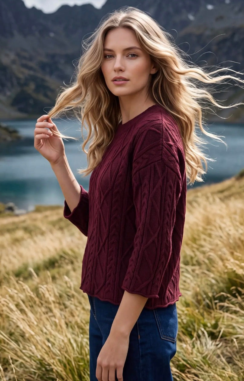 She + Sky Wine 3/4 SLEEVE CABLE SWEATER TOP ST2223