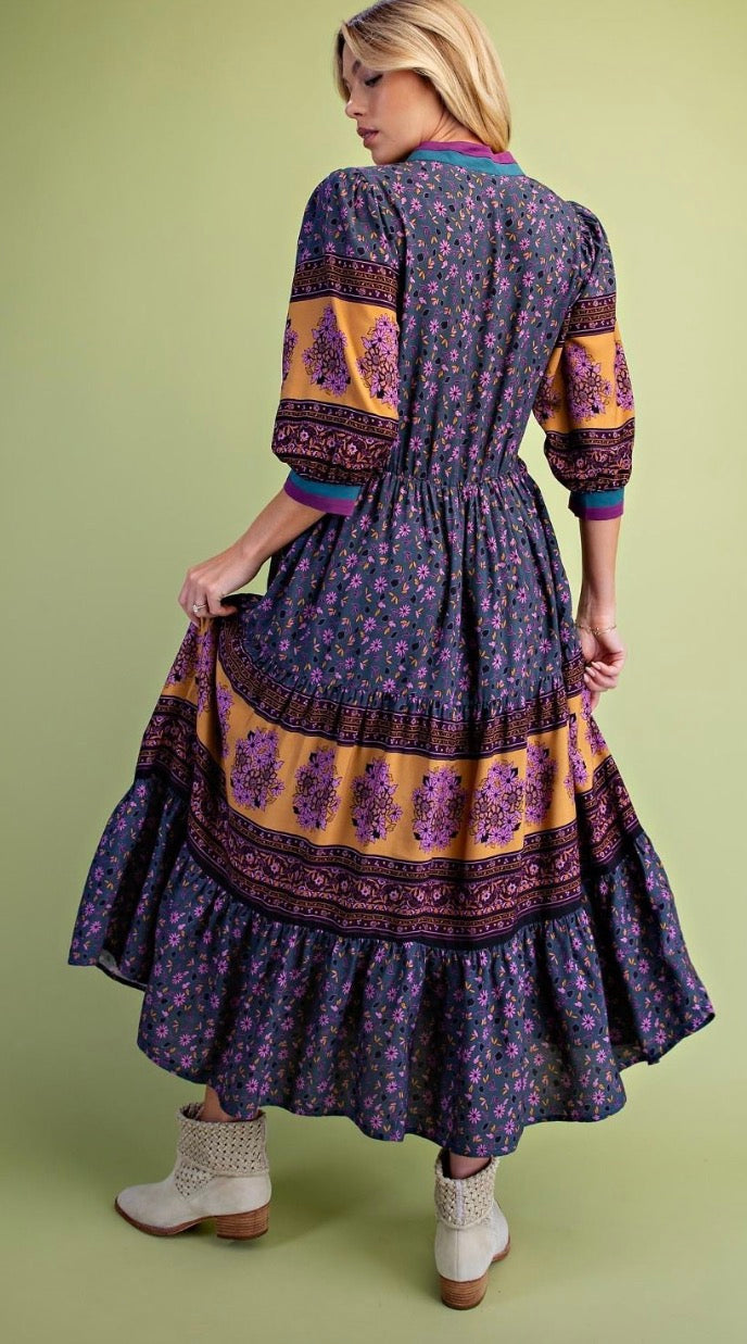 Easel SD300107 FADED TEAL PRINTED RAYON POPLIN WOVEN DRESS