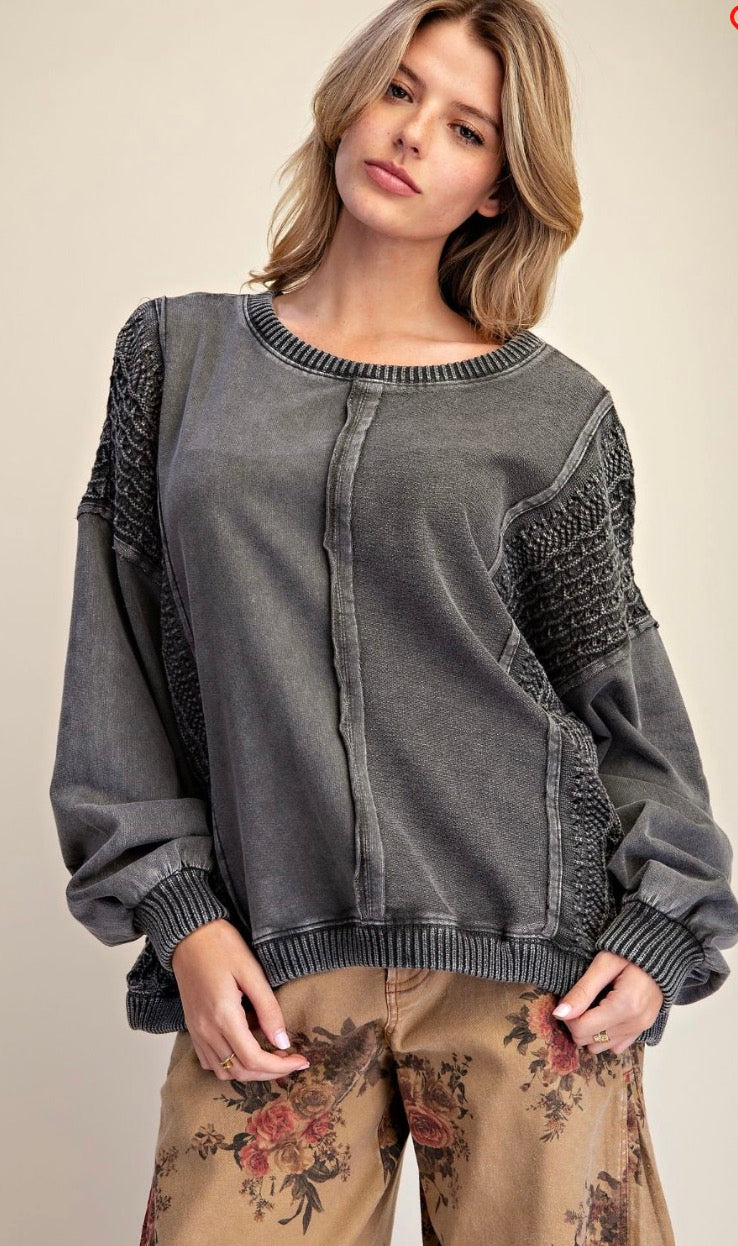 Easel ET19097 CROCHET MIX WASHED TERRY KNIT PULLOVER