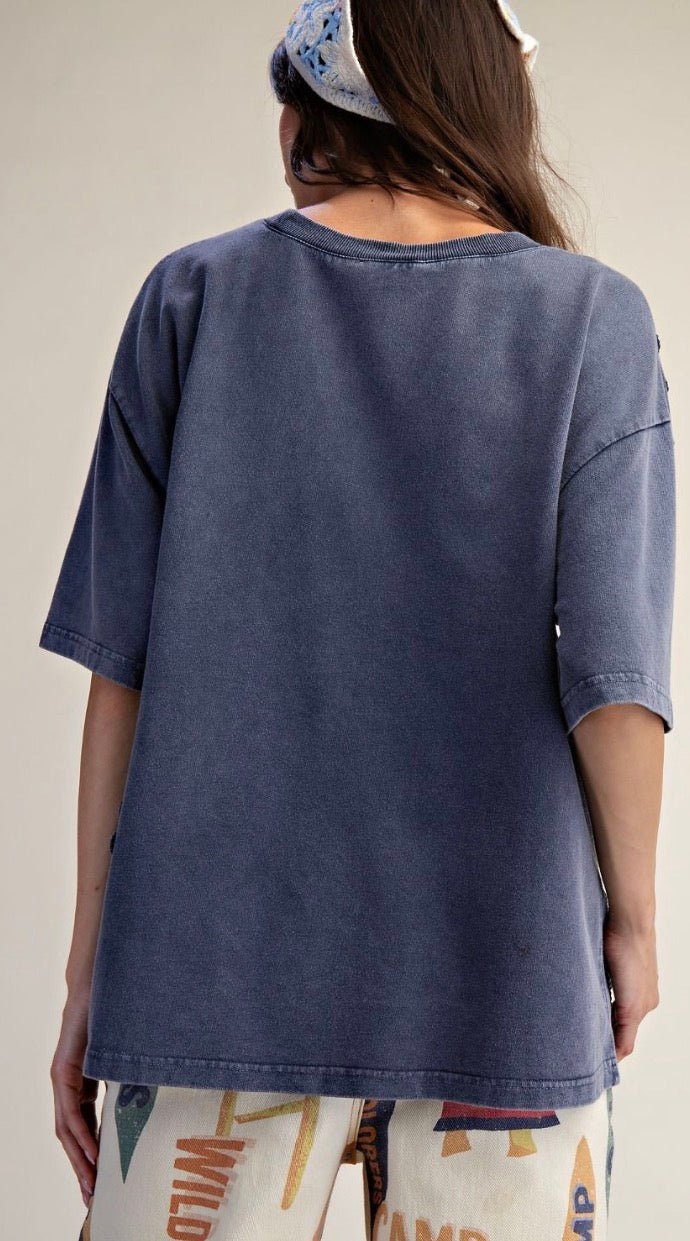 EASEL ET19064 BLUEBERRY CROCHET PATCH DETAILING WASHED TOP