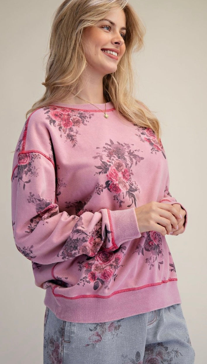 EASEL ET29613 DUSTY ROSE SIGNATURE PRINT WASHED TERRY PULLOVER