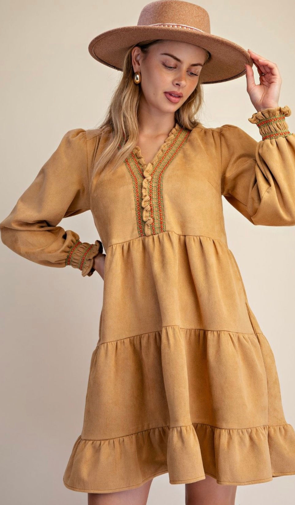 EASEL ED30170X CAMEL TIERED FAUX SUEDE DRESS