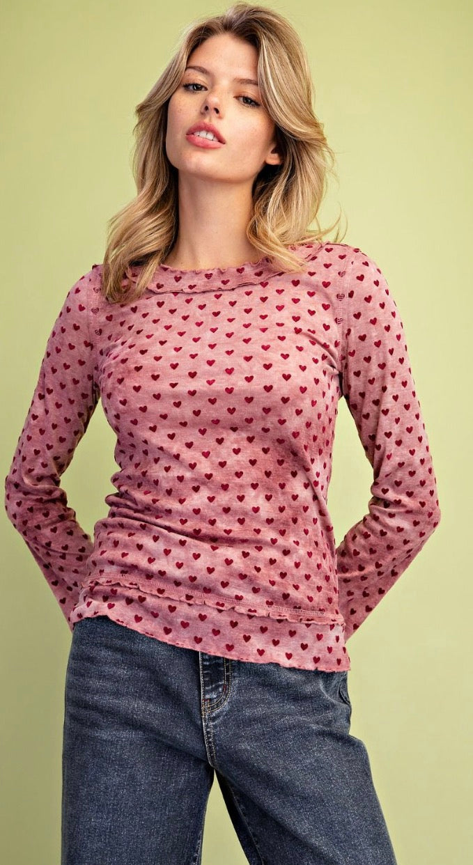 EASEL ST100273 DUSTY ROSE HEART PRINT BURNOUT MESH FITTED TOP