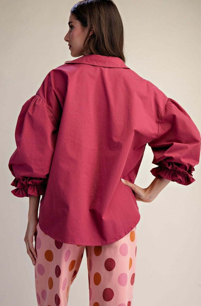 Easel ET19050 BERRY 3/4 SLEEVES BUTTON DOWN POPLIN SHIRT BLOUSES