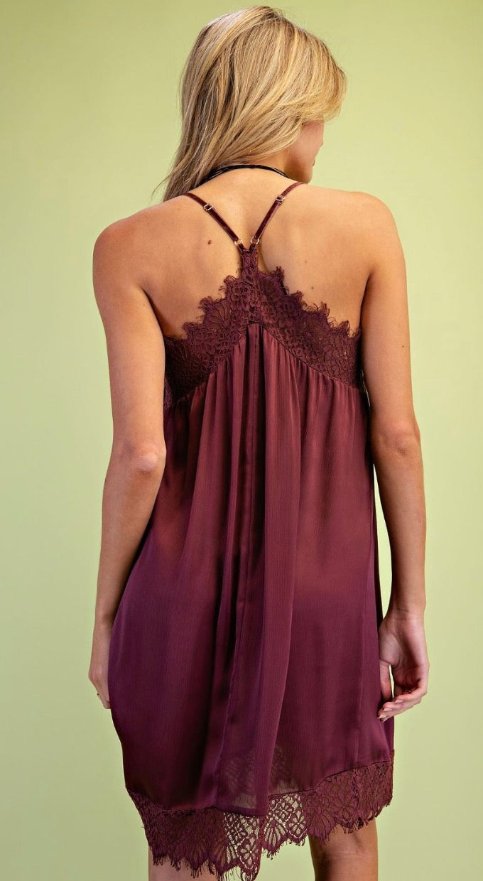 Easel SD300132 MULBERRY LACE HEM CAMI SATIN SLIP DRESS