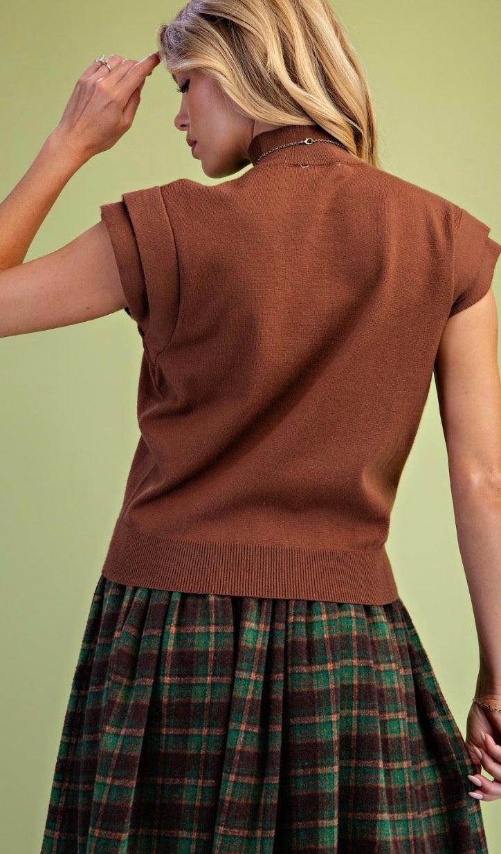 Easel ST100314 BROWN CAP SLVS KNITTED SWEATER TOP