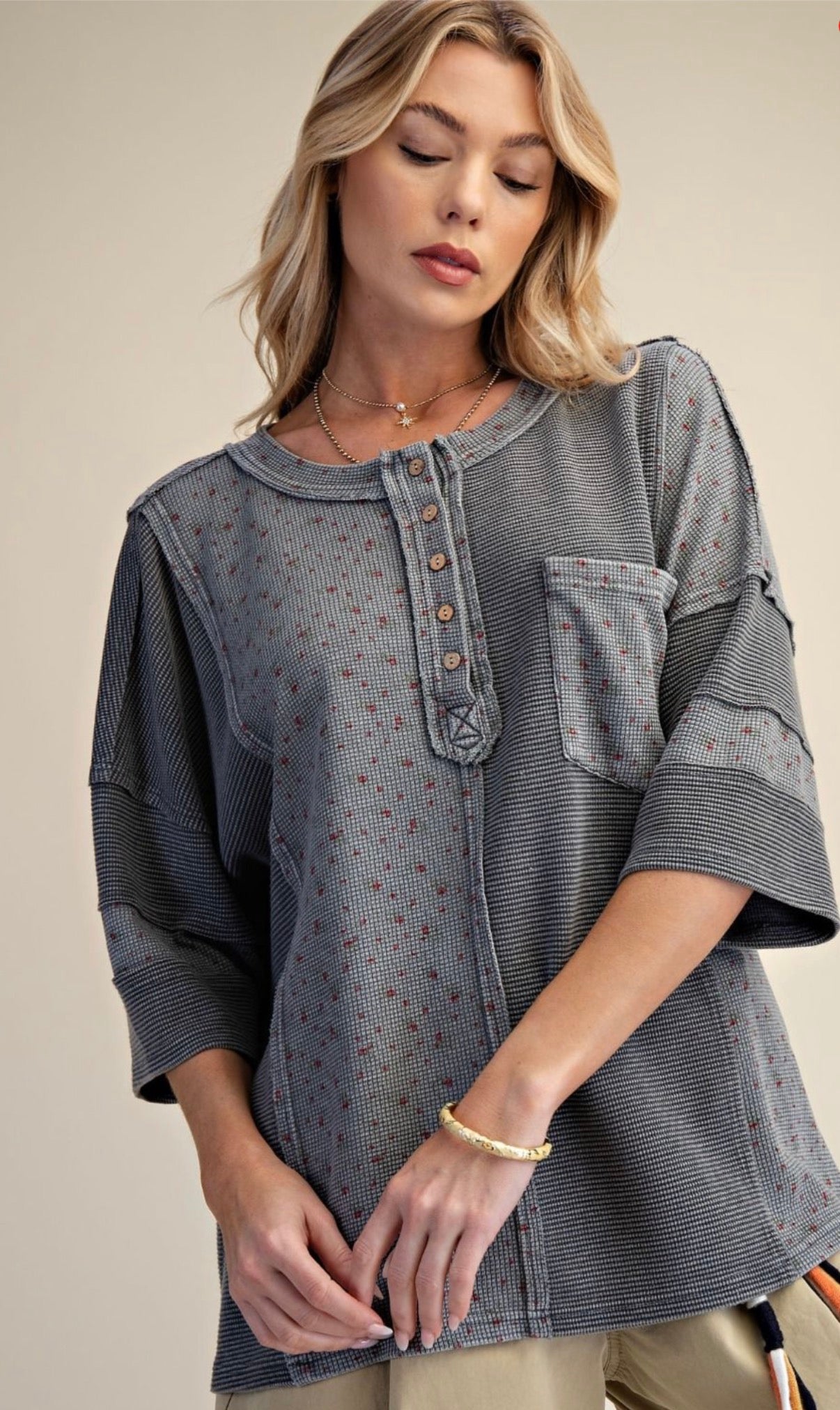 EASEl ET71970 Ash Half SLVS Printed Thermal Top