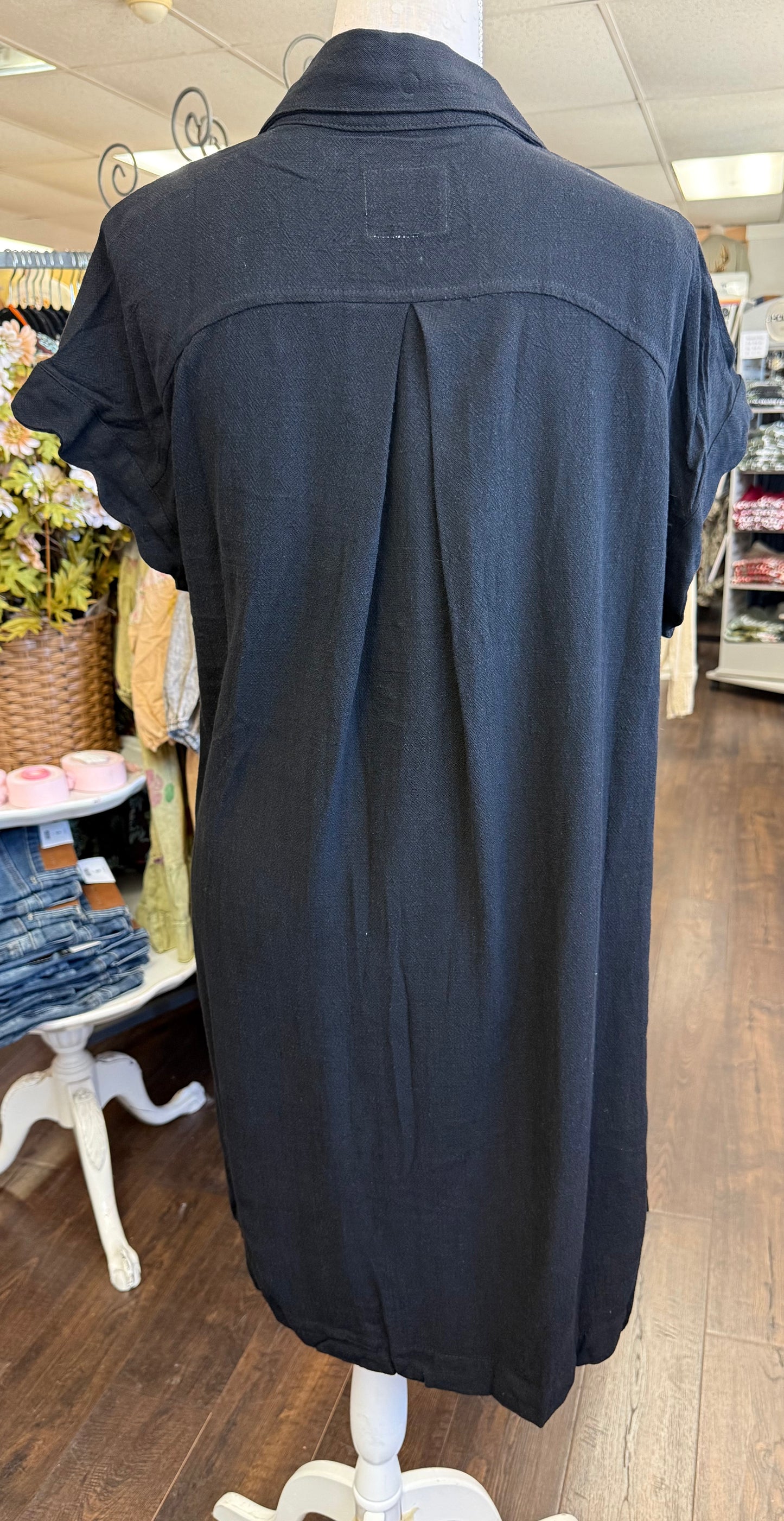 Umgee WC5611 Black Linen Scallop Sleeve Button-Down Dress