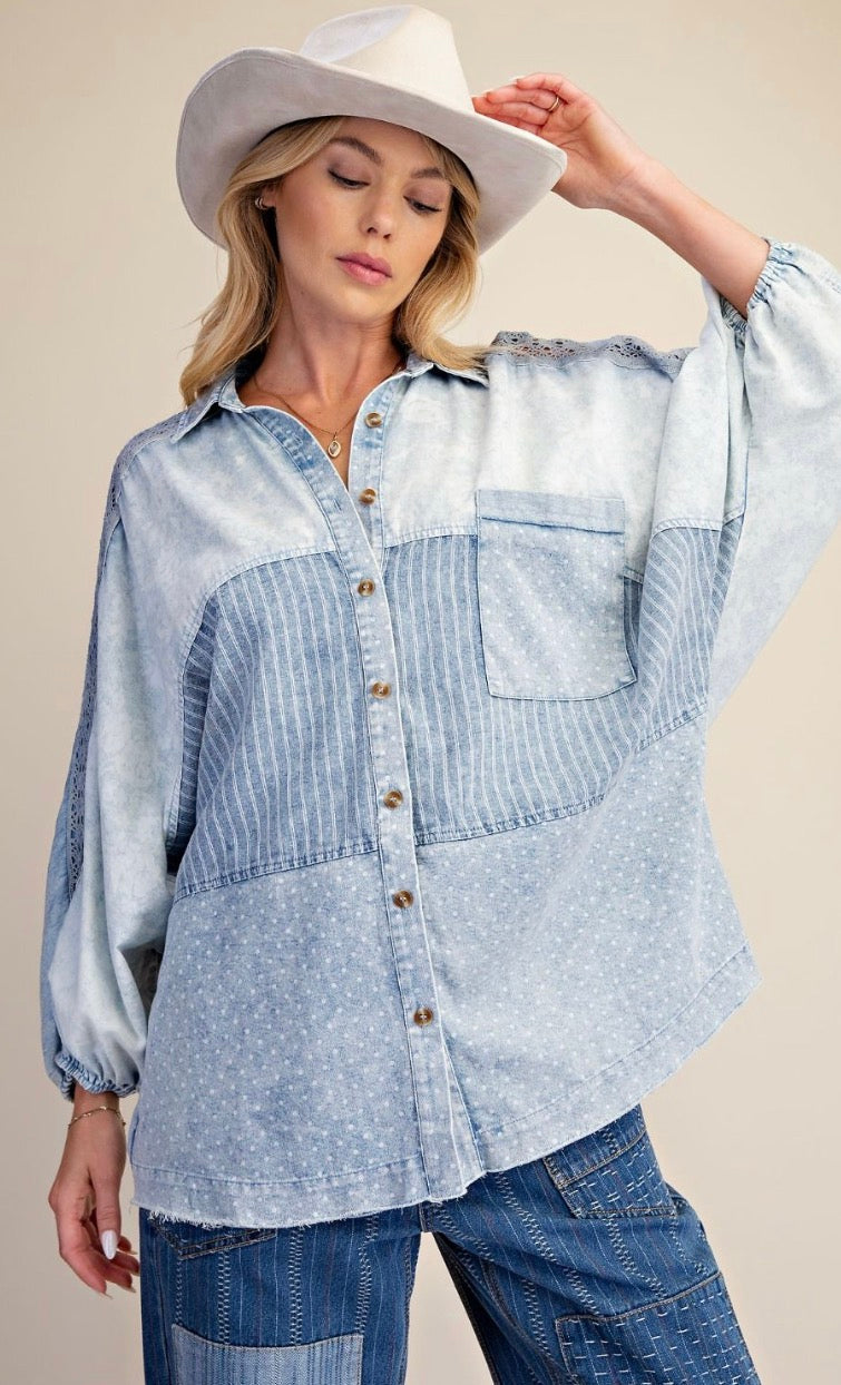 EASEL ET30266 ICE DENIM MIXED PRINT WASHED CHAMBRAY WOVEN SHIRT