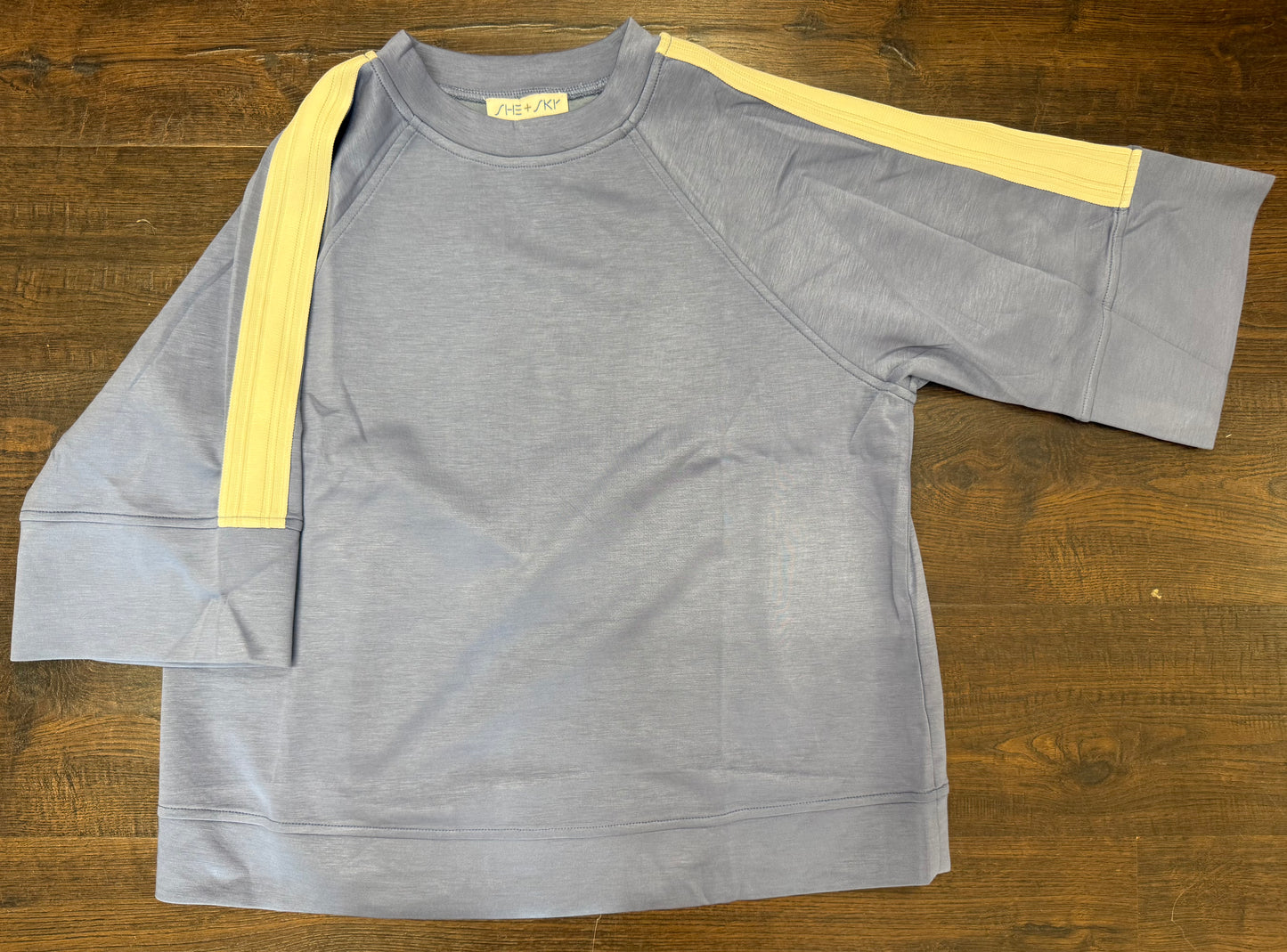 She+Sky SY7375 Dusty Blue Half Sleeve Scuba Top Contrast Tape