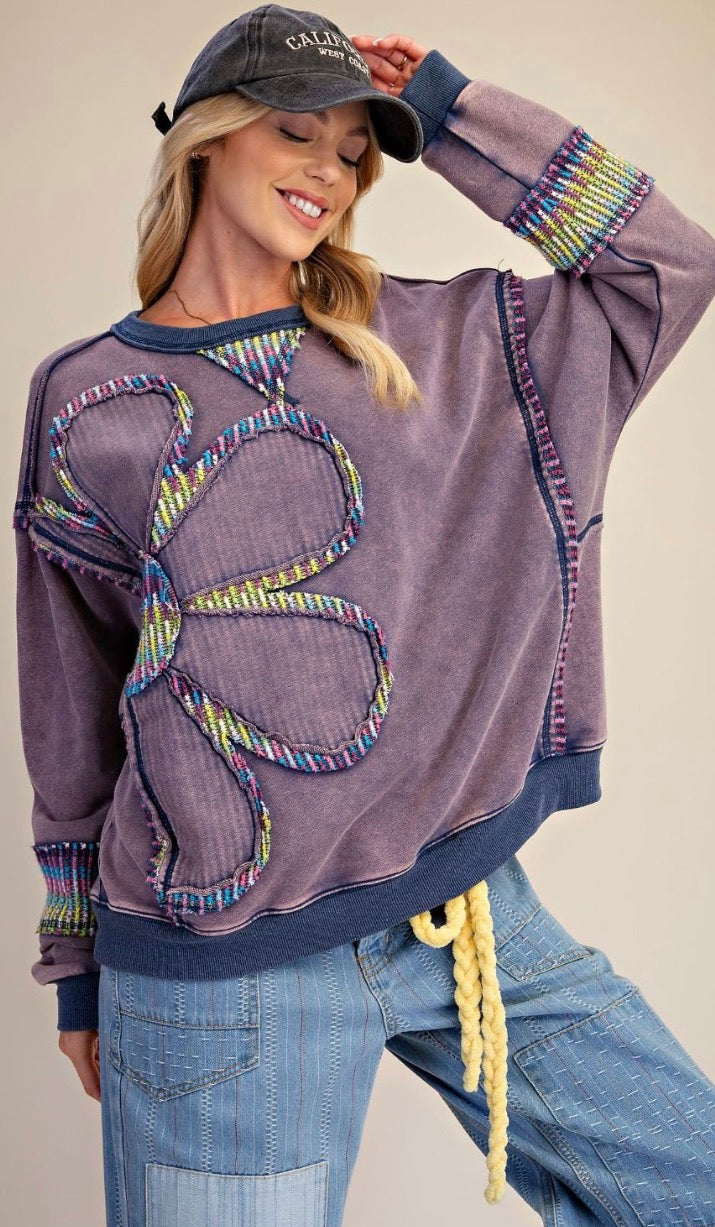 Easel ET72154 Blueberry FLORAL PATCH FRONT WASHED TERRY PULLOVER