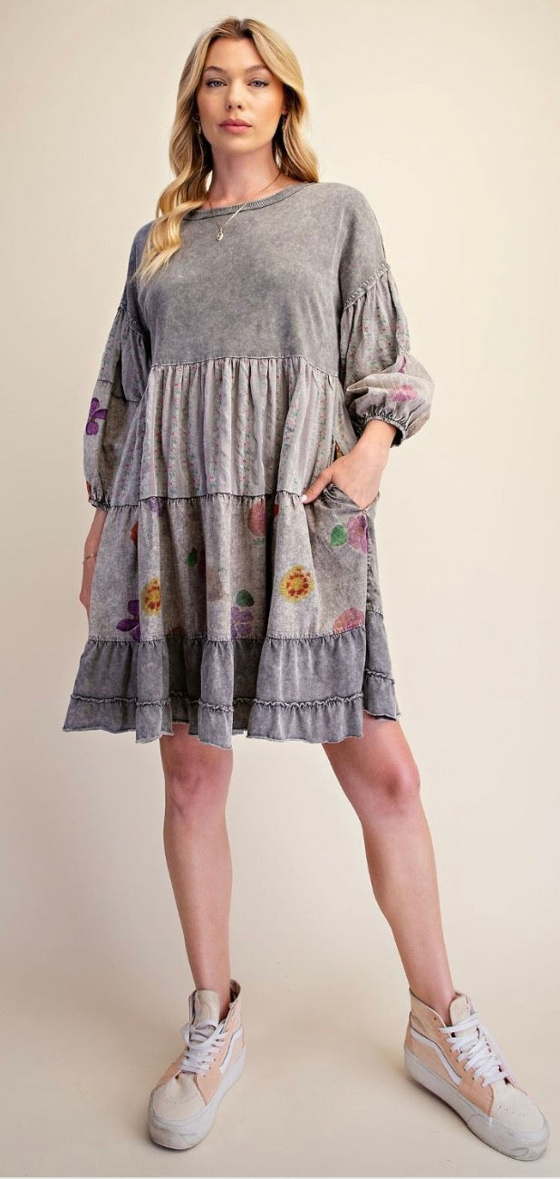 EASEL ED29897 ASH PRINT MIX TIERED WASHED DRESS