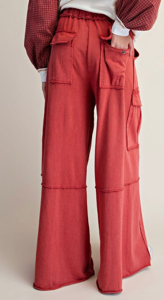 Easel EB40795 Boho Red Mineral Washed Wide Legs