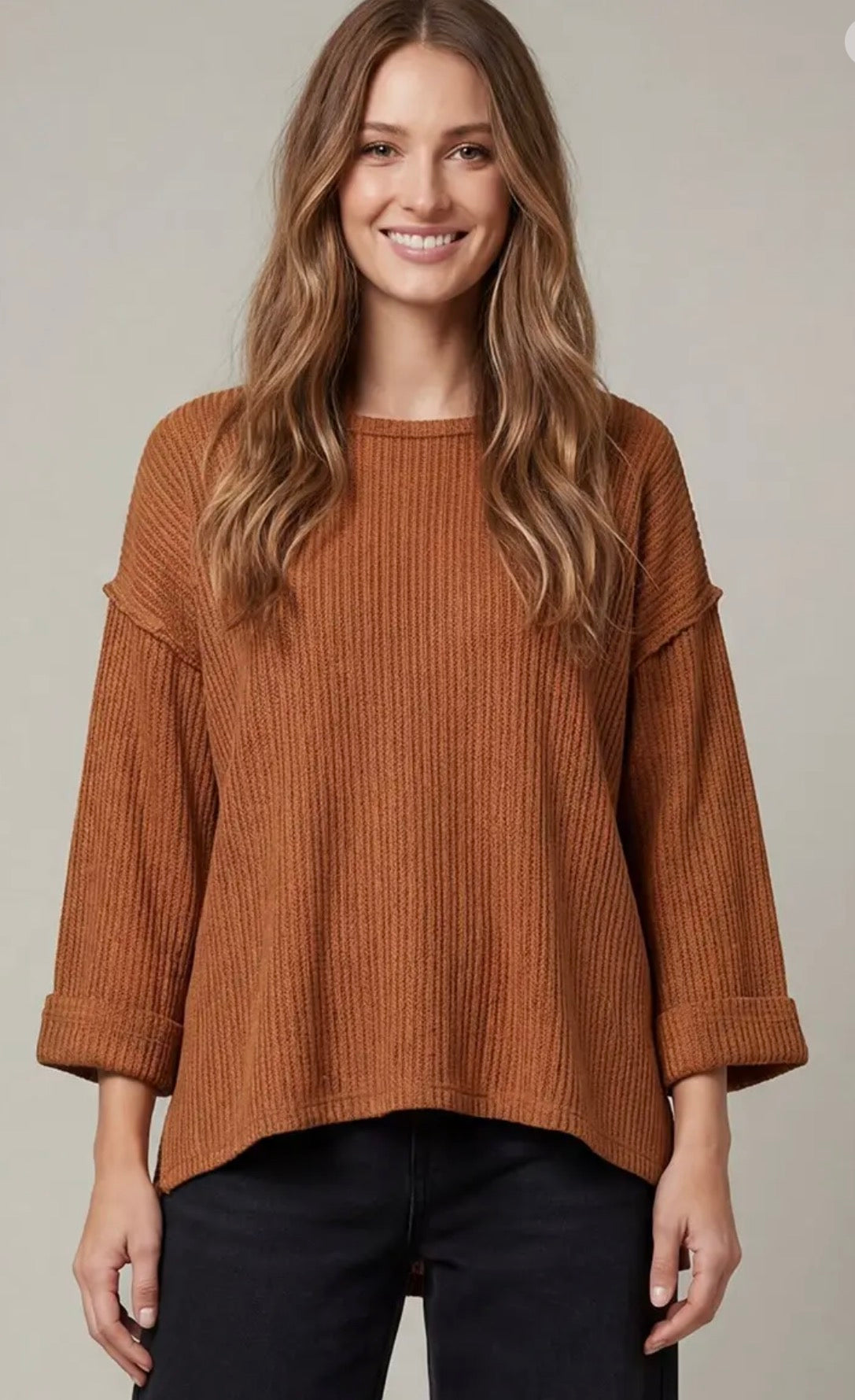 She + Sky Caramel 3/4 Folded Sleeve Knit Top SY7170R2
