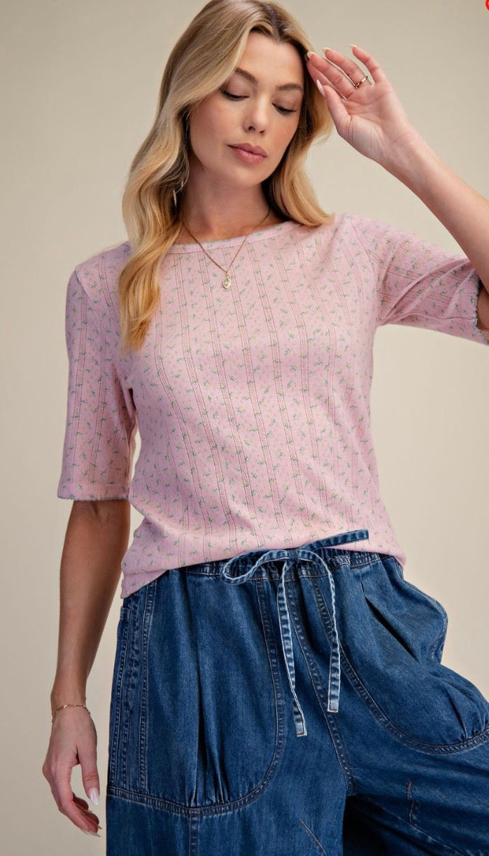 Easel ET72035 Pink HALF SLVS DITSY PRINTED TOP