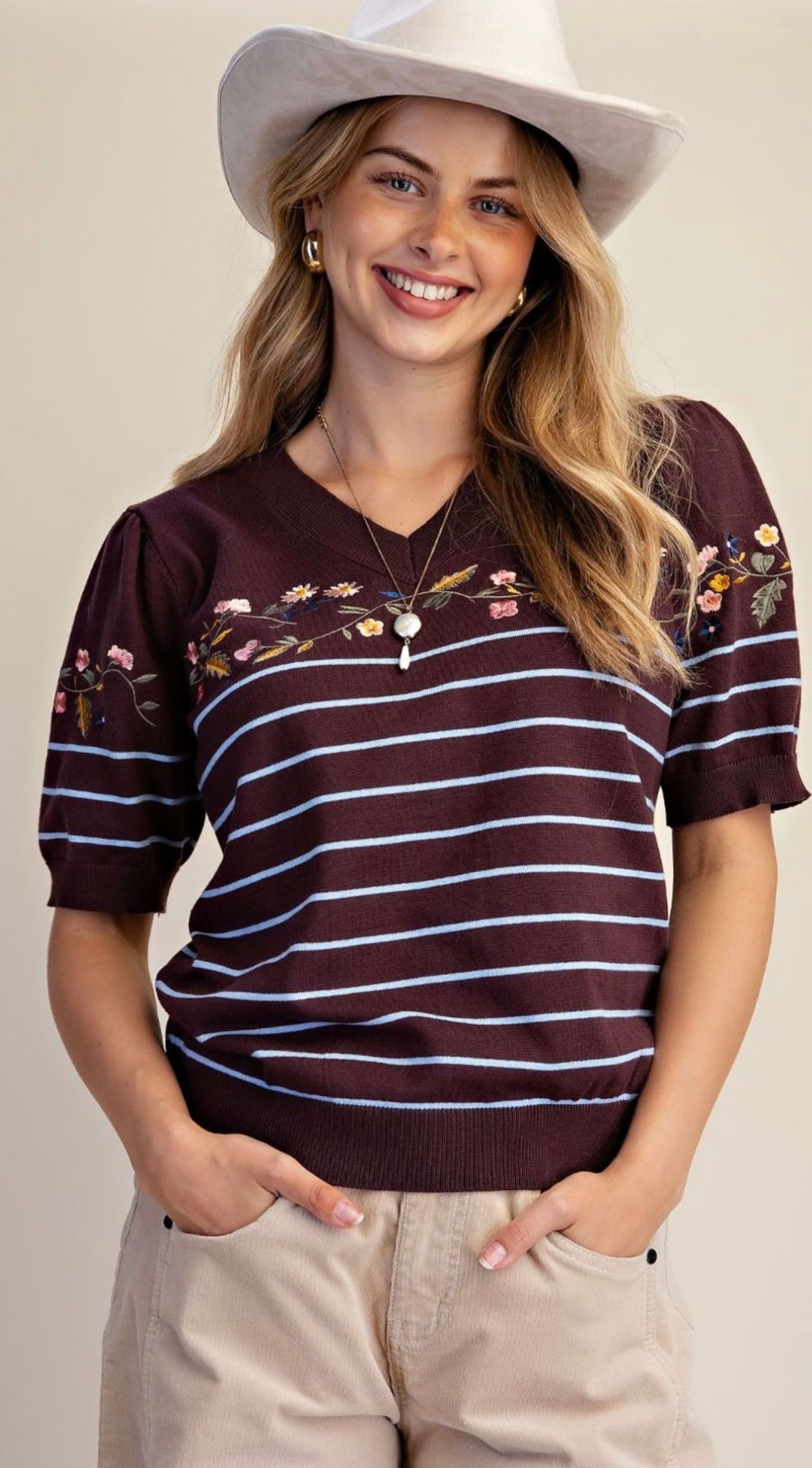 EASEL ET19171 CHOCOLATE BROWN EMBROIDERY FRONT STRIPED KNITTED SWEATER