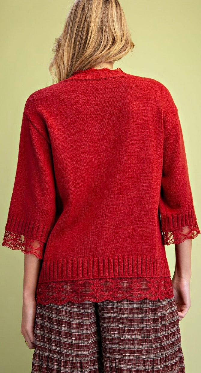 Easel ST200062 BURGUNDY SHORT SLEEVE LACE INSET V-NECK SWEATER